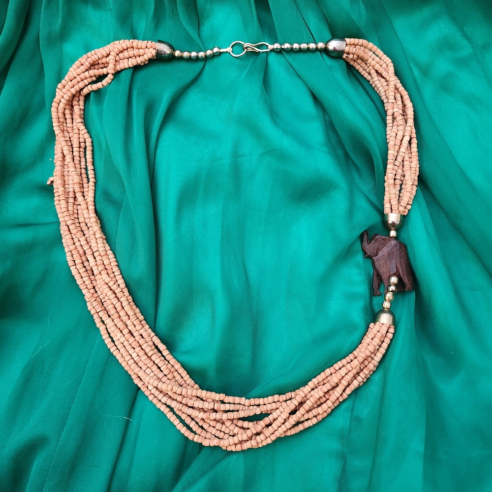 Handcrafted Wood Beaded Necklace with Elephant Pendant
